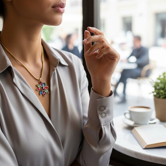 DESIGNER GRAZIANO MULTI COLOR RHINESTONE DAISY FLOWER GOLD CHAIN NECKLACE - Picture 3 of 12